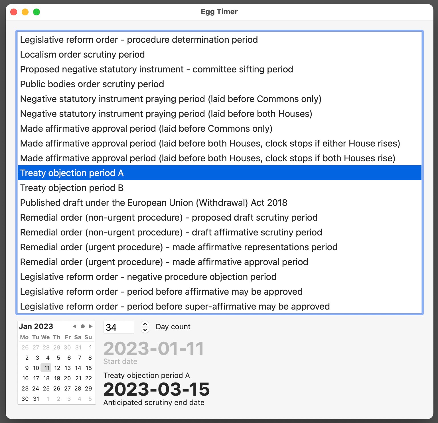 A screenshot of the Egg Timer Mac app showing a scrutiny date calculation for treaties